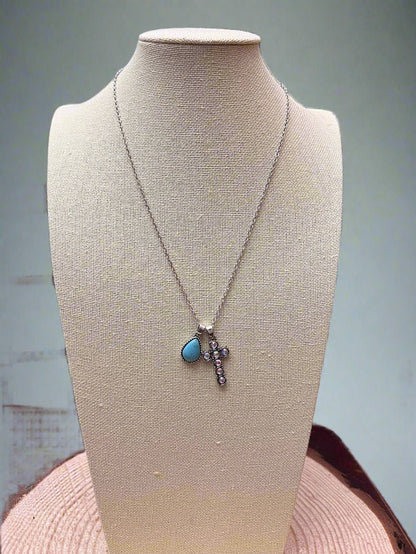 Western Rhinestone Cross and Faux Turquoise Dangle Necklace - 18 inch + 3
